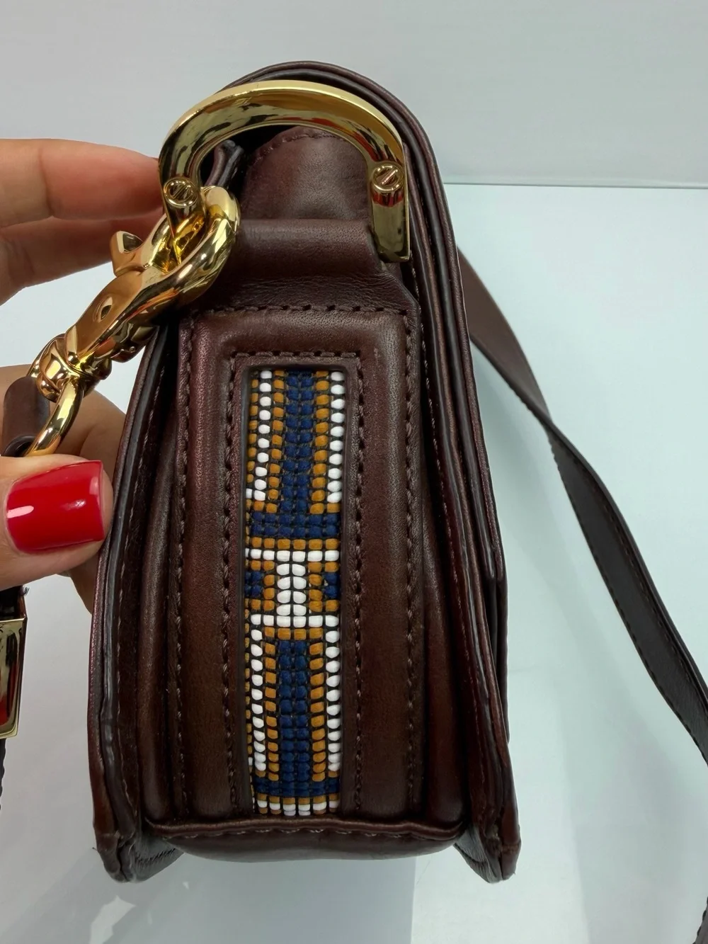 Tory Burch Mini Crossbody Bag Navy Brown Jacquard Lock Gold
